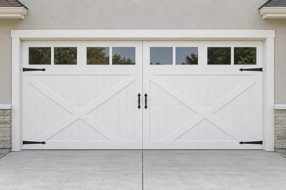 Illustration of a white carriage-house sectional garage door with windows and decorative black hardware