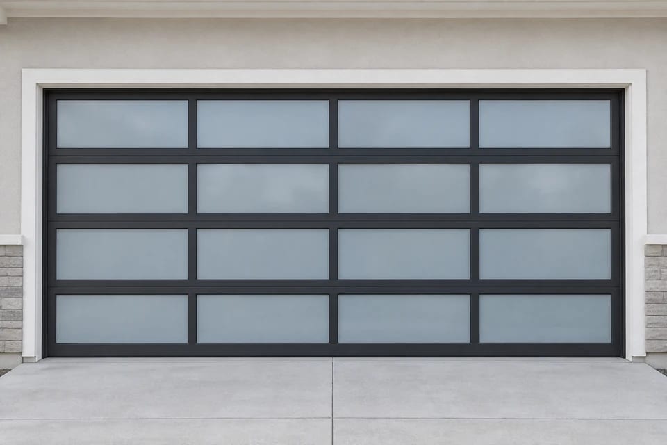 Illustration of a black aluminum-framed garage door with frosted glass panels