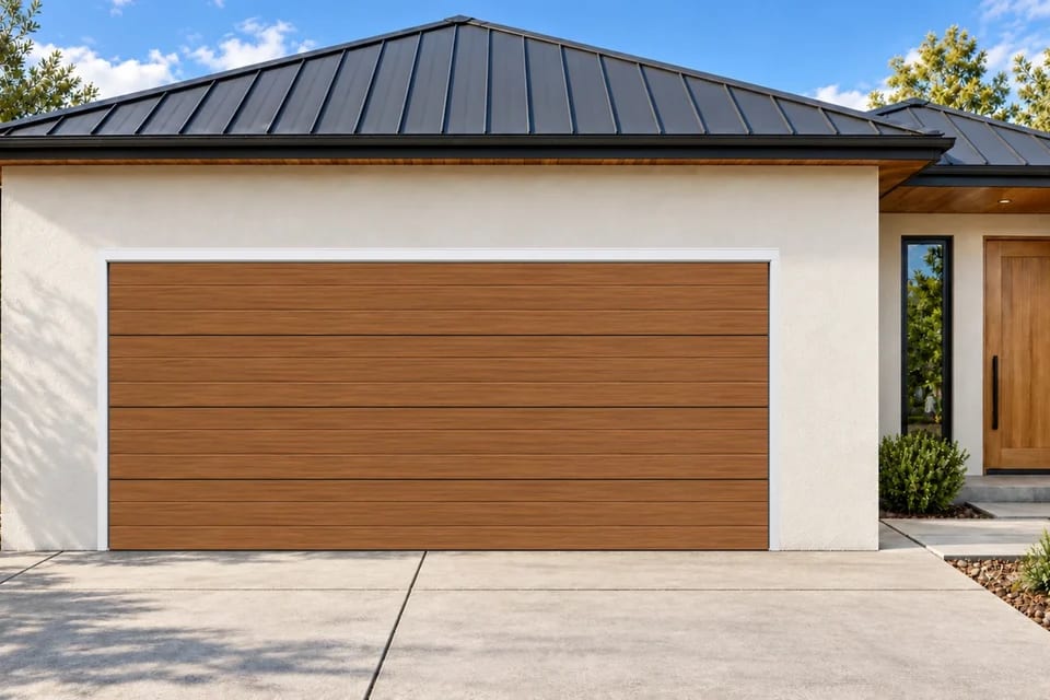 Illustration of a wood-look garage door with continuous horizontal plank grooves