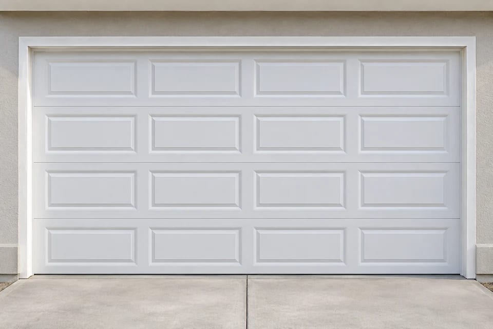 Illustration of a white garage door with wide rectangular raised panels