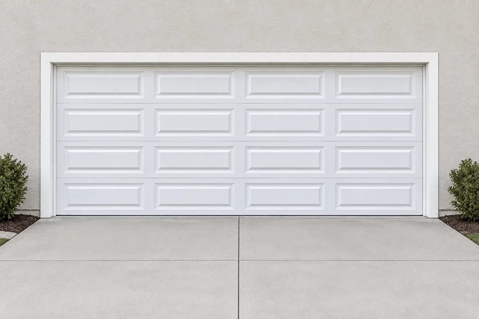 Illustration of a white steel garage door with beveled raised designer panels