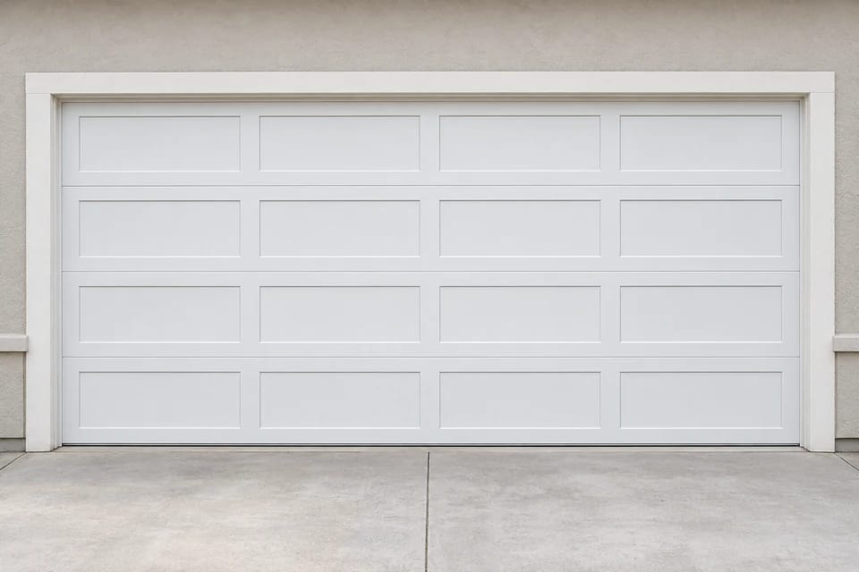 Illustration of a white Shaker garage door with flat recessed rectangular panels