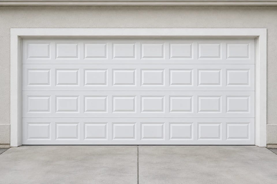 Illustration of a white garage door with small rectangular raised panels