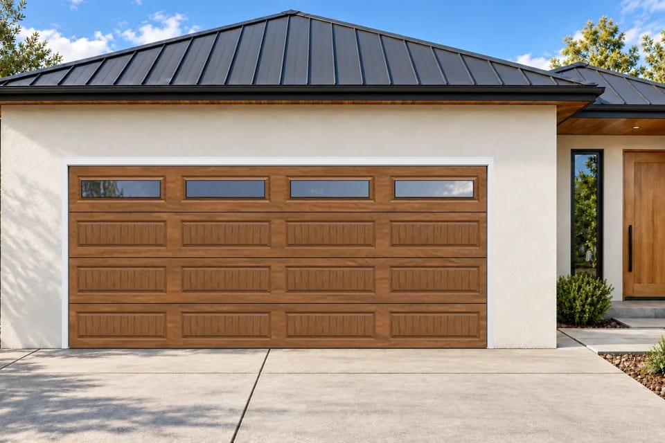 Illustration of a wood-look stamped carriage garage door with long beadboard panels and rectangular top windows