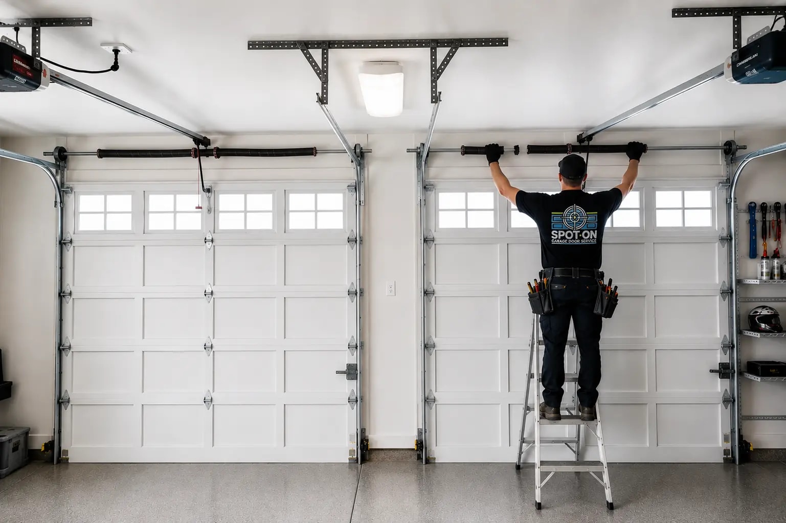 Spot On Garage Door technician repairing a residential torsion spring inside a two-car garage