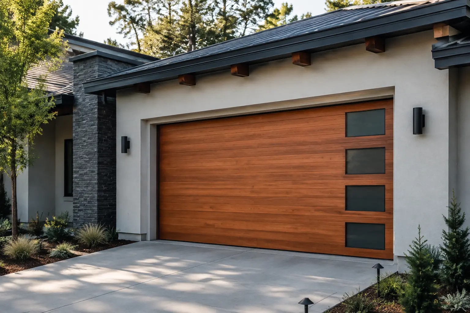 Contemporary residential garage door on a finished modern home