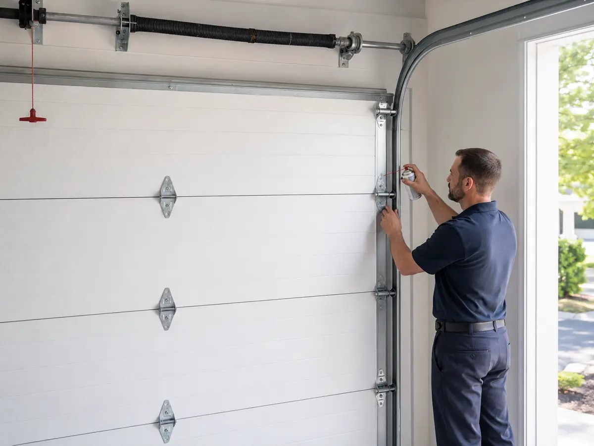 Garage door technician inspecting residential rollers, hinges, and track hardware