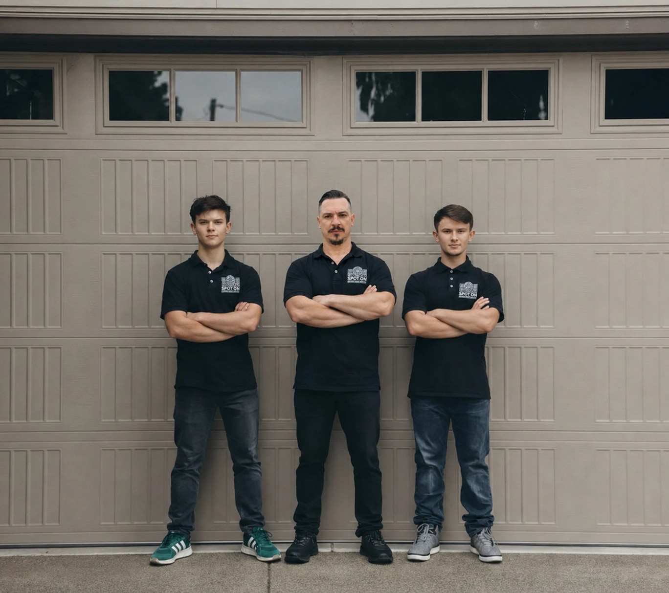 Spot On Garage Door technicians beside a residential sectional garage door