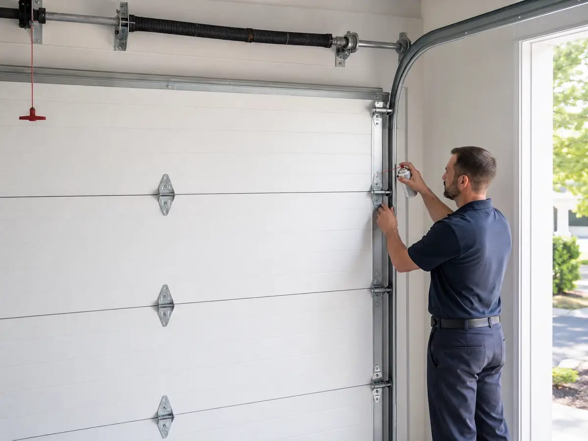 Illustration of garage door lubrication, showing the rollers, tracks and torsion spring